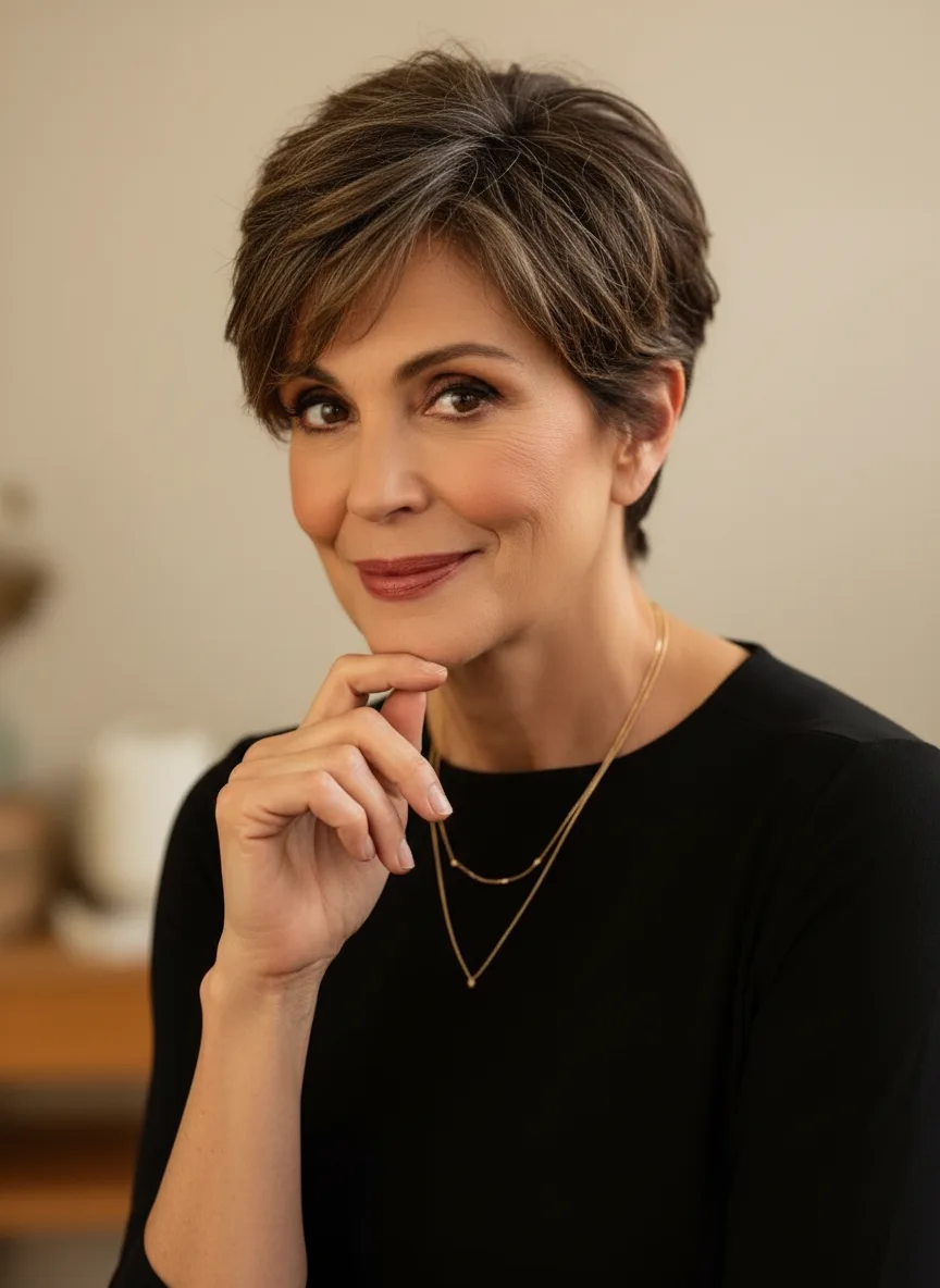 Soft Textured Pixie Cut in Ash Brown Highlights
